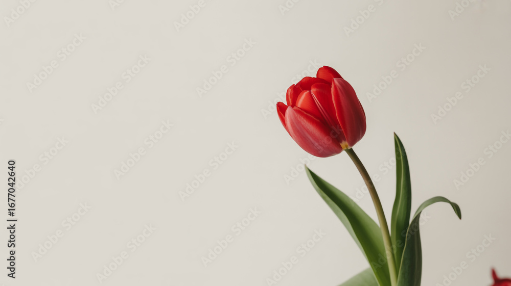 Fototapeta premium Red tulip blooms against a soft, neutral background. Ideal for minimalist branding, soft posters, product photography.