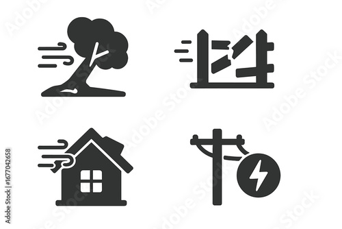 Wind damage icon set. Solid glyphs of storm and hurricane impact. Natural disaster symbols for fallen tree, broken fence, damaged roof, and power outage. Weather hazard.