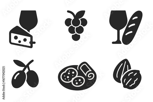 Wine and food pairing icon set. Solid glyphs for wine tasting, appetizers, and gourmet snacks. Vector icons of cheese, grapes, baguette, olives, charcuterie, and nuts.