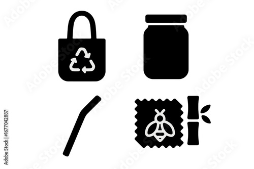 Zero waste lifestyle solid icon set. Sustainable living concept symbols. Reusable bag, glass jar, metal straw, beeswax wrap, and bamboo. Eco friendly vector glyph icons.