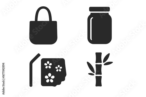 Zero waste lifestyle solid glyph icon set. Eco friendly, sustainable living concept. Reusable bag, glass jar, metal straw, beeswax wrap, bamboo. Plastic free vector symbols.