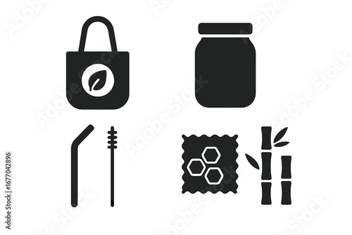 Zero waste solid icon set. Eco friendly lifestyle, sustainability concept. Reusable products: tote bag, glass jar, metal straw, beeswax wrap, bamboo. Vector glyphs.