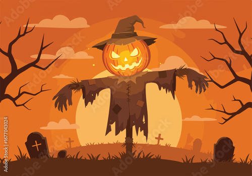 Halloween night scene A spooky jack-o'-lantern scarecrow guards an eerie graveyard. Bare trees against an orange sky evoke festive autumn spirit
