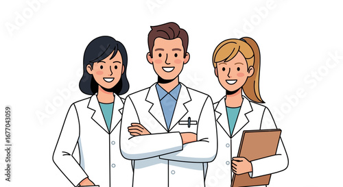 Three smiling doctors in white coats standing together.