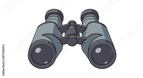 Illustration of gray binoculars with black accents on a white background in a cartoon style