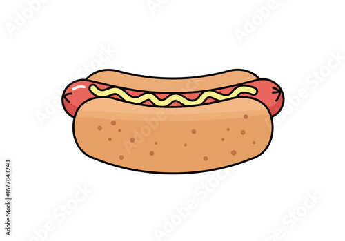 A cartoon hotdog with mustard on a bun isolated on a white background in a simple illustration