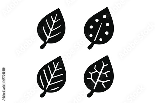 Black leaf icons set. Solid filled symbol collection of leaves with different textures and patterns. Abstract leaf veins, dotted leaf, striped leaf, and cracked leaf design.