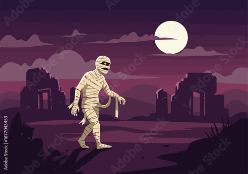 Spooky Halloween Night Mummy's Creepy Stroll Through Ancient Ruins
