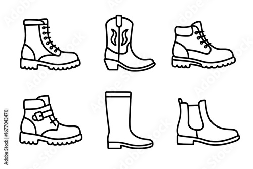Outline boot icon set vector illustration. Combat boot, cowboy boot, hiking boot, work boot, rain boot, Chelsea boot. Footwear styles collection. Line art shoe symbols for fashion, work, adventure.