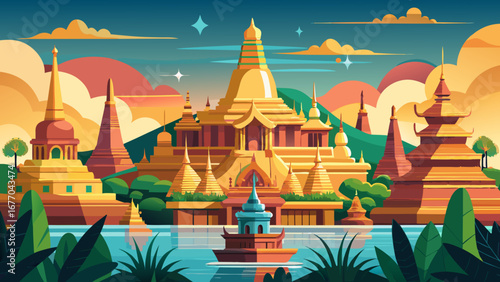 The Historic Monuments of Mandalay in Myanmar shine under the tropical sky, where golden stupas and royal palace remains reflect the spiritual and regal essence of Burmese tradition.