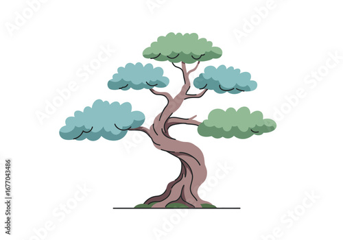 Illustration of a stylized tree with a twisted trunk and cloud like foliage on a white background