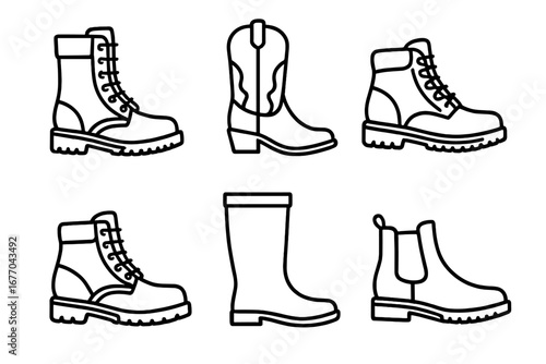 Boot icon set vector collection. Outline icons of various footwear styles like combat, cowboy, hiking, work, rain, and Chelsea boots. Shoe fashion graphic design elements.