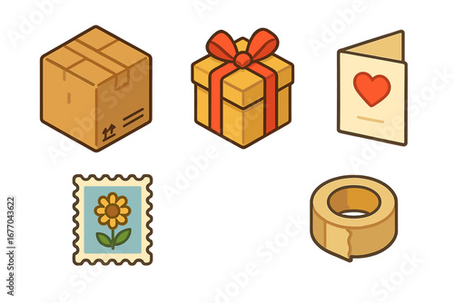Care package icon set isometric. Sending love gift, present box. Shipping cardboard parcel. Mail delivery service. Greeting card, postage stamp, gift wrap, tape vector icons.