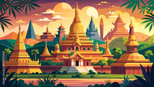 The Historic Monuments of Mandalay in Myanmar shine under the tropical sky, where golden stupas and royal palace remains reflect the spiritual and regal essence of Burmese tradition.