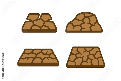 Cracked earth vector icon set. Dry soil and desert ground concept. Metaphor for drought, climate change, and global warming. Barren land and arid landscape cartoon symbols.