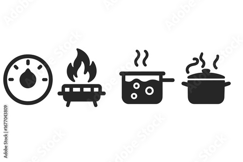 Cooking temperature solid icon set. Oven dial, grill flame, boiling water, and simmer pot symbols. Vector glyph icons for recipe instructions, food packaging, and heat levels.