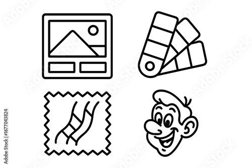 Creative process outline icon set. Vector icons for design concepts like moodboard, storyboard, color palette swatch, fabric texture, and cartoon character mascot design.