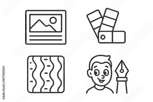 Creative process vector icon set. Moodboard and storyboard creation with photo frame, color palette guide, and fabric texture. Graphic designer workflow for branding inspiration.