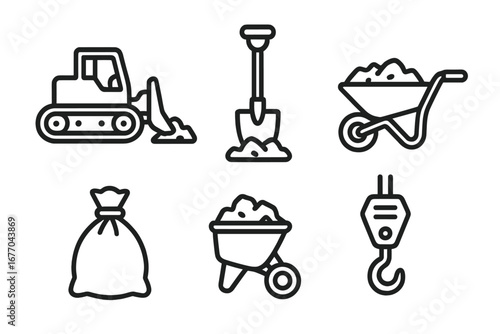 Construction Debris Cleanup Vector Icons Set. Outline Style Equipment and Tools Including Bulldozer, Shovel, Wheelbarrow, Garbage Bag, Crane Hook for Building Site Waste Removal and Industrial Cleanup