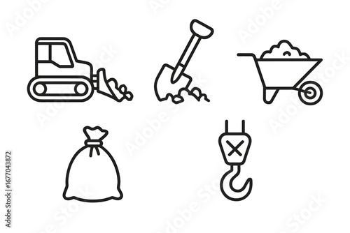 Debris cleanup icons. Outline icon set for debris removal and construction site cleanup. Vector symbols of bulldozer, shovel, wheelbarrow, garbage bag, and crane hook concept.