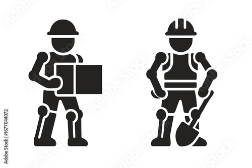 Powered exoskeleton solid icons. Warehouse worker with box, construction worker with shovel. Future technology for manual labor, logistics and lifting. Bionic ergonomic vector symbol.