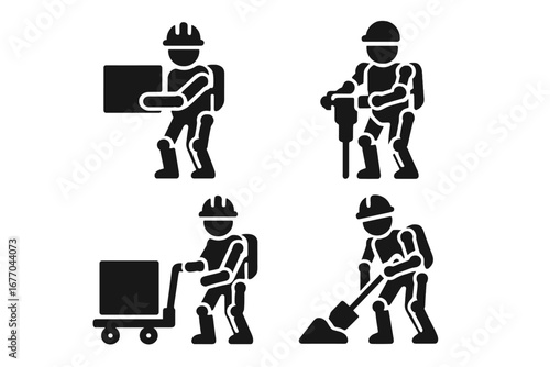 Exoskeleton worker solid glyph icon set. Construction and warehouse workers using powered assist suits. Man lifting box, using jackhammer, shovel. Bionic technology vector.