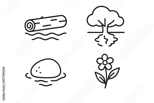 Forest and river nature outline icon set. Vector symbols of a fallen log, tree with roots reflection, river stone, and wildflower. Simple linear icons for ecology concepts.