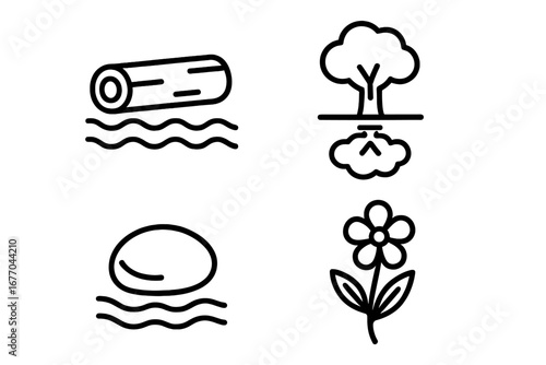 Forest river icon set. Nature and outdoor linear symbols. Vector outline illustration of fallen log on water, tree reflection, river pebble, wildflower. Ecology concept.
