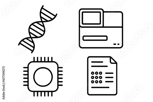 Genomic diagnostics outline icon set. DNA sequencing, genetic testing, and bioinformatics concepts. Vector icons of DNA helix, sequencer, gene chip, and data results for science.