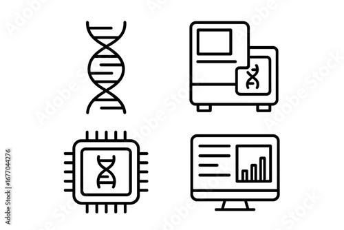 Genomic diagnostics icon set. Gene sequencing and DNA analysis line icons. Vector symbols for genetics, DNA helix, sequencing machine, gene chip and bioinformatics research data.