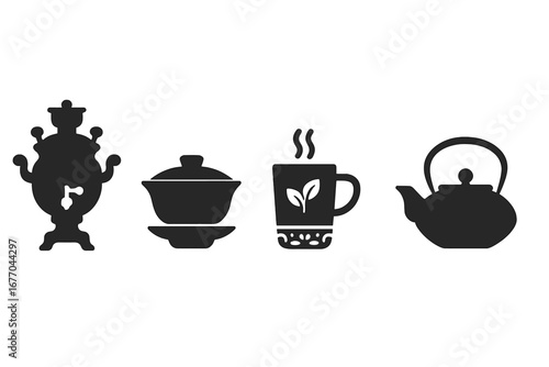 Global tea culture icon set. Vector glyph symbols of world tea traditions. Includes Russian samovar, Chinese gaiwan, hot beverage mug, and traditional Asian teapot silhouette.