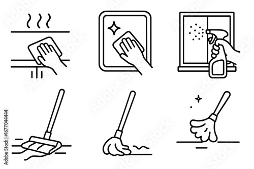 Home cleaning line icon set. Vector symbols for housekeeping service. Wipe counter, clean mirror, spray window, mop floor, dusting brush. Hygiene and disinfection concept.