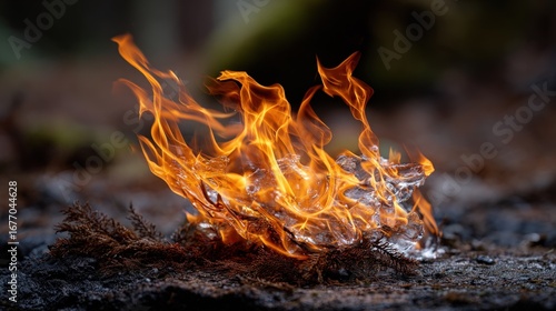 Wallpaper Mural A close-up view of vibrant flames engulfing dry brush, showcasing the dynamic movement and intense heat of a small outdoor fire. Torontodigital.ca