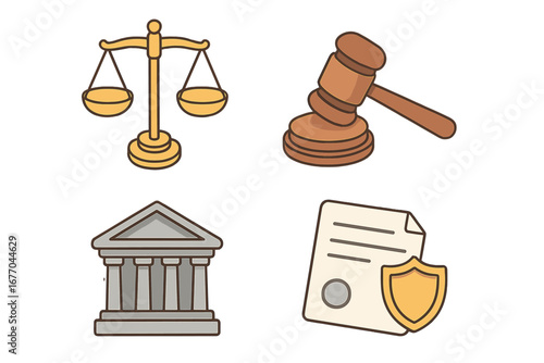 Legal and justice icon set. Law symbols cartoon vector illustration. Courthouse, judge gavel, scales of justice, protected document. Court, auction, legislation, rights concept.