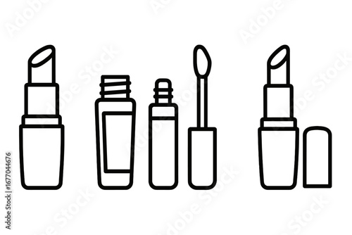 Lip care cosmetic outline icon set. Vector collection of lipstick and lip gloss tubes with applicator wand. Beauty and makeup symbols. Linear glamour product illustration.