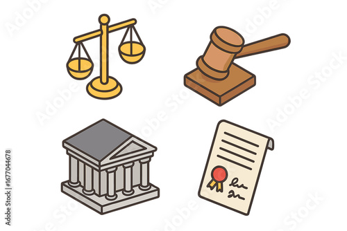 Isometric law and justice icons set. Vector legal symbols. Gavel, scale, courthouse, certificate. Concept for court, auction, legislation, finance, government, verdict. Cartoon style.