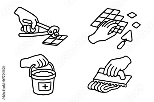 Tiling and mosaic art tools outline icon set. Vector symbols of hands working with tile cutter, trowel, grout, and adhesive. Concept for DIY, craft, and home renovation.