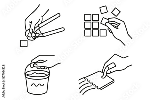 Mosaic art creation process icon set. Line art icons of hands making a mosaic. Tiling tools, tile cutter, grout, trowel. DIY craft hobby vector illustration instructions.