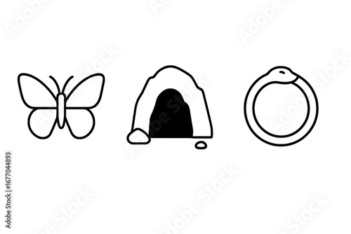 Mythical symbols icon set of Psyche butterfly, cave entrance, Ouroboros. Philosophy & psychology concepts of soul, journey, unconscious, eternity, rebirth, and cycles. Line art vector.