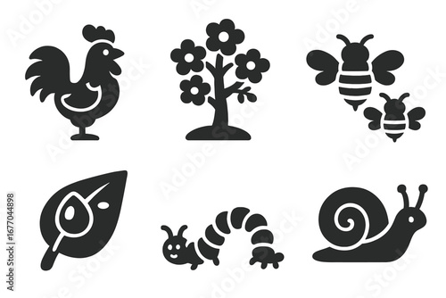 Nature awakening solid icon set. Spring morning symbols with rooster, blooming tree, bee, leaf dew, caterpillar, snail. Vector cartoon glyph illustration for graphic design.