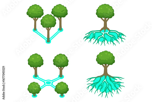 Isometric tree network vector icon set. Metaphor for communication, growth, and connection. Concept of root systems, data flow, and decentralized or hierarchical structures.