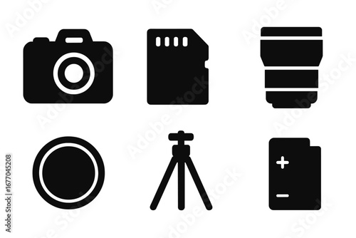 Photography gear icon set. Solid glyph collection of photo equipment symbols. Vector graphic of DSLR camera, lens, tripod, memory card, battery and filter for web and ui.