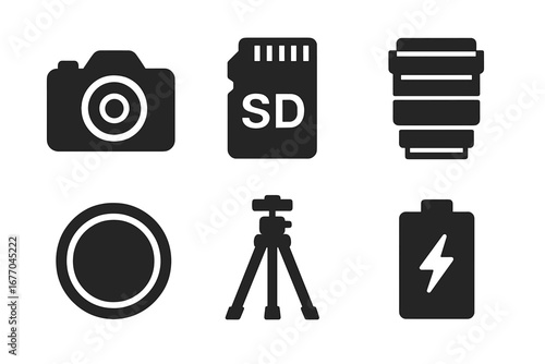 Photography equipment icon set. Vector solid glyph icons of camera, lens, tripod, SD memory card, battery, and filter. Simple black pictogram symbols for photo gear.