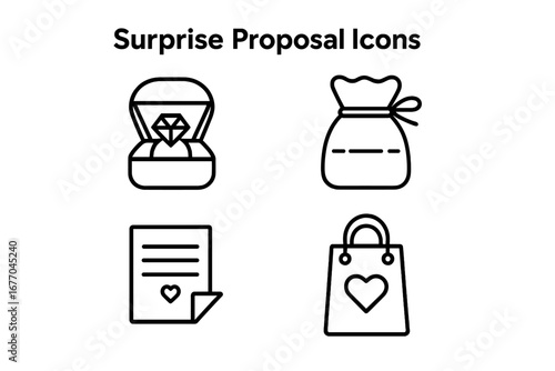 Surprise proposal vector icon set. Outline icons for engagement, marriage and love. Includes diamond ring in box, jewelry pouch, love letter, and gift bag. Romance concept.