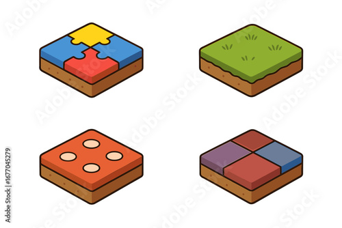 Playground surfaces isometric icon set. 3D vector game assets for kids' park. Safety rubber flooring, soft puzzle tiles, grass turf, and modular ground covering illustration.