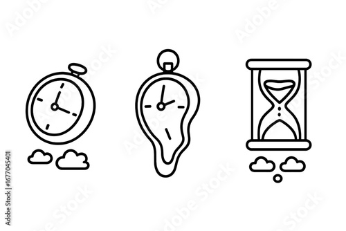Surreal timepiece outline icon set. Floating clock, melting watch, levitating hourglass. Concept of dream, time passing, abstract timeline. Vector illustration for web, logo.