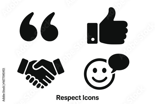 Respect solid glyph icon set. Thumbs up for positive feedback, handshake for agreement or deal, quotes for communication, smiley for satisfaction. Business ethics vector concept.