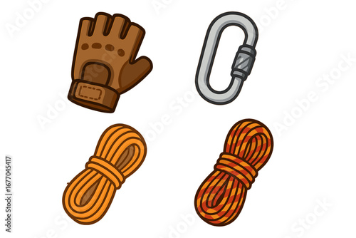 Rock climbing gear icon set. Vector cartoon illustration of climbing equipment. Glove, carabiner, and rope for mountaineering, hiking, and adventure sports. Safety concept.