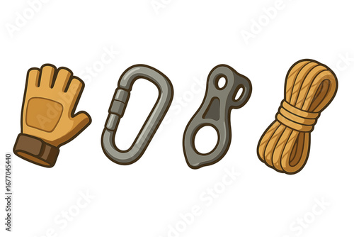 Rock climbing gear vector icon set. Mountaineering equipment illustration. Flat cartoon collection with glove, carabiner, rope, and figure 8 belay or rappel device.