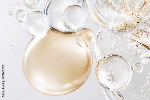 Luxury Skincare Essence Bubbles in Transparent Gold Glass – Anti-Aging Cosmetic Concept